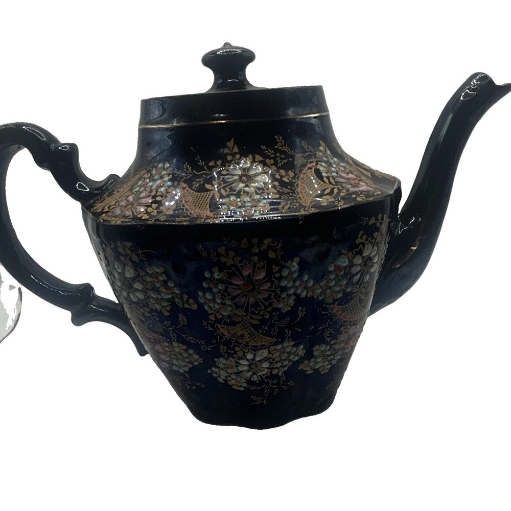 Vtg Price Brothers England Tokay Tea Teapot Black/Blue Gold Enamel Floral No 371